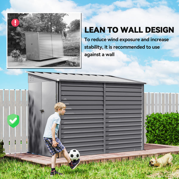 Lean-to steel garden shed with foundation kit, lockable doors, grey 