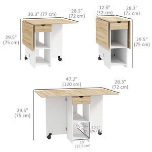 Folding dining table with drawer and storage shelves, oak 