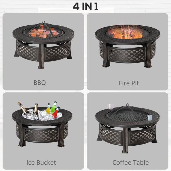 Outdoor Fire Pit with Grill, Mesh Lid, Poker, for Camping, Bonfire, Picnic, Bronze