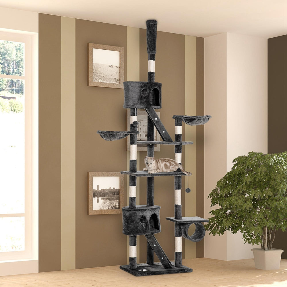 Adjustable cat tree from 240 to 250 cm, ceiling height, scratching post, activity center, gray