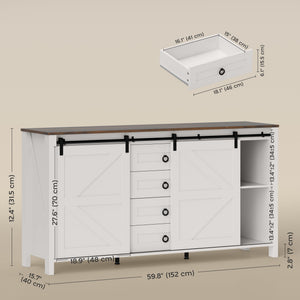 Buffet with barn-style sliding doors, drawers and adjustable shelves, cream white
