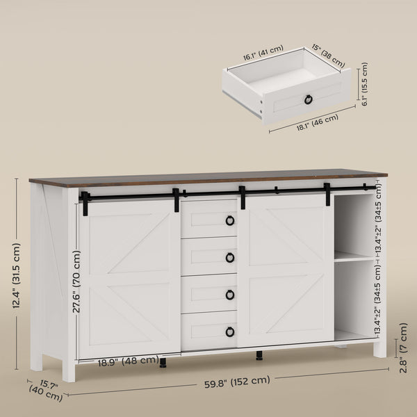 Buffet with barn-style sliding doors, drawers and adjustable shelves, cream white