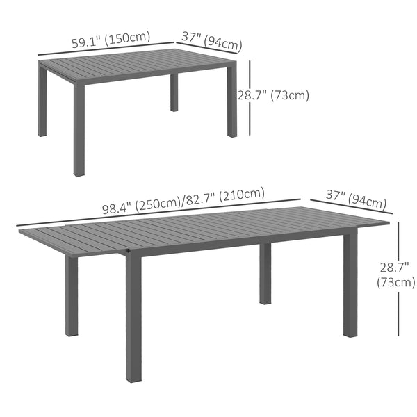 Extendable aluminum outdoor dining table for 6 to 8 people, anthracite gray