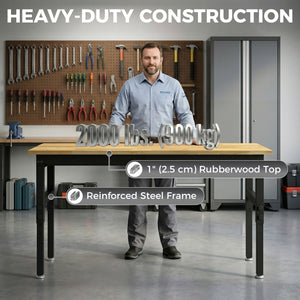 60-inch heavy-duty height-adjustable workbench with power outlets, USB ports, and pegboard – Natural wood and black