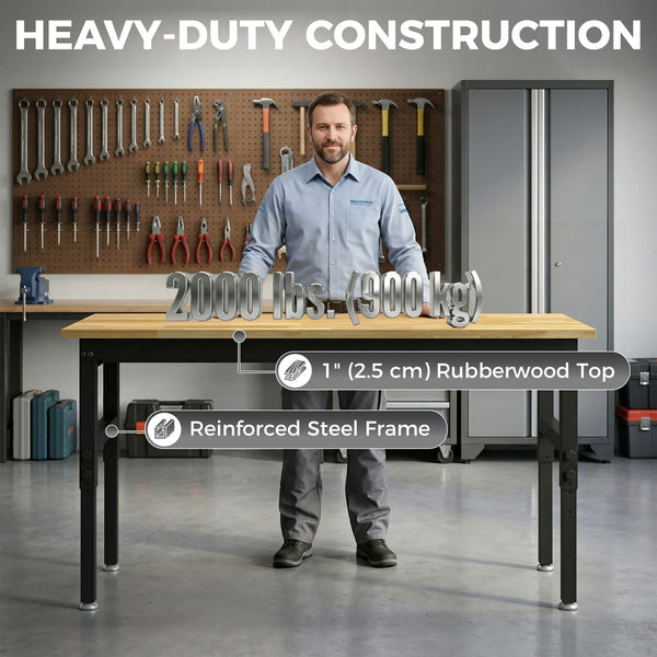 60-inch heavy-duty height-adjustable workbench with power outlets, USB ports, and pegboard – Natural wood and black