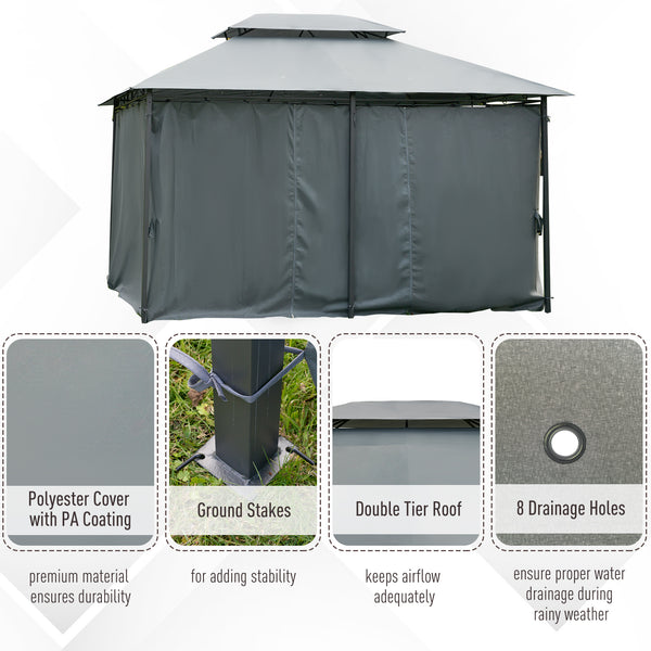 13'L x 10'W x 8.7'H Patio Gazebo Outdoor 2-Tiers Garden Canopy Yard Sunshade Shelter with Curtains, Grey