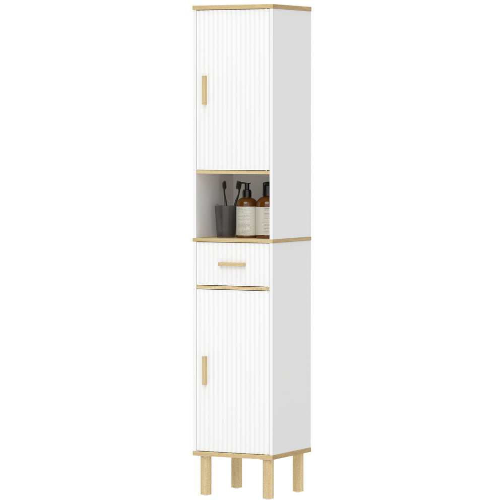 Tall bathroom storage cabinet with drawer, adjustable shelves, open compartment, white