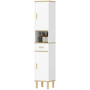 Tall bathroom storage cabinet with drawer, adjustable shelves, open compartment, white