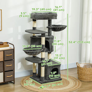 52.5" Cat Tree with Scratching Posts, Condos, Bed, Platforms and Hammocks, Dark Gray