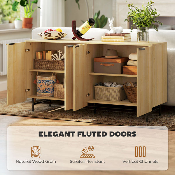 Fluted Sideboard with Adjustable Shelves, 5 Metal Legs for Kitchen and Living Room, Natural Wood