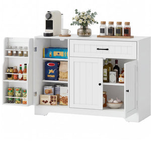 Storage sideboard with drawer, 2 cabinets, adjustable shelves and door storage – White