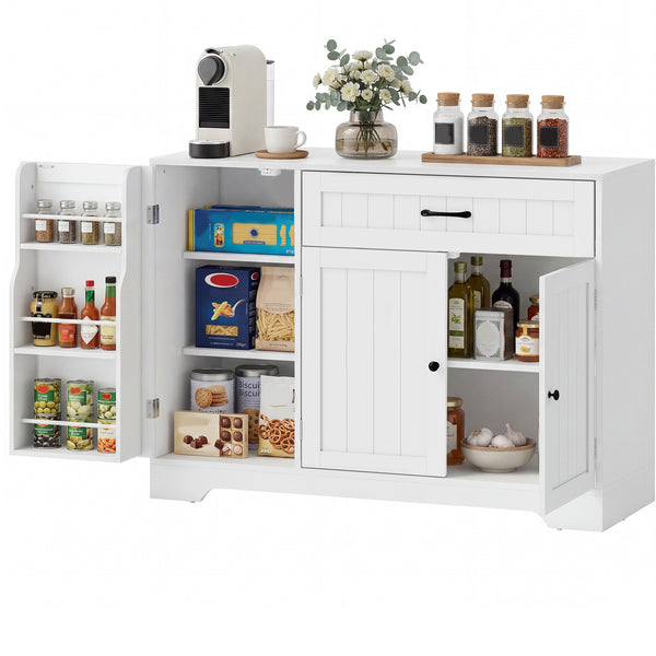 Storage sideboard with drawer, 2 cabinets, adjustable shelves and door storage – White