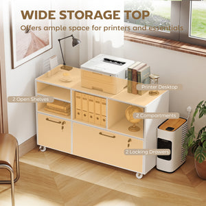 Wood-effect mobile filing cabinet with charging station and locking drawers, white