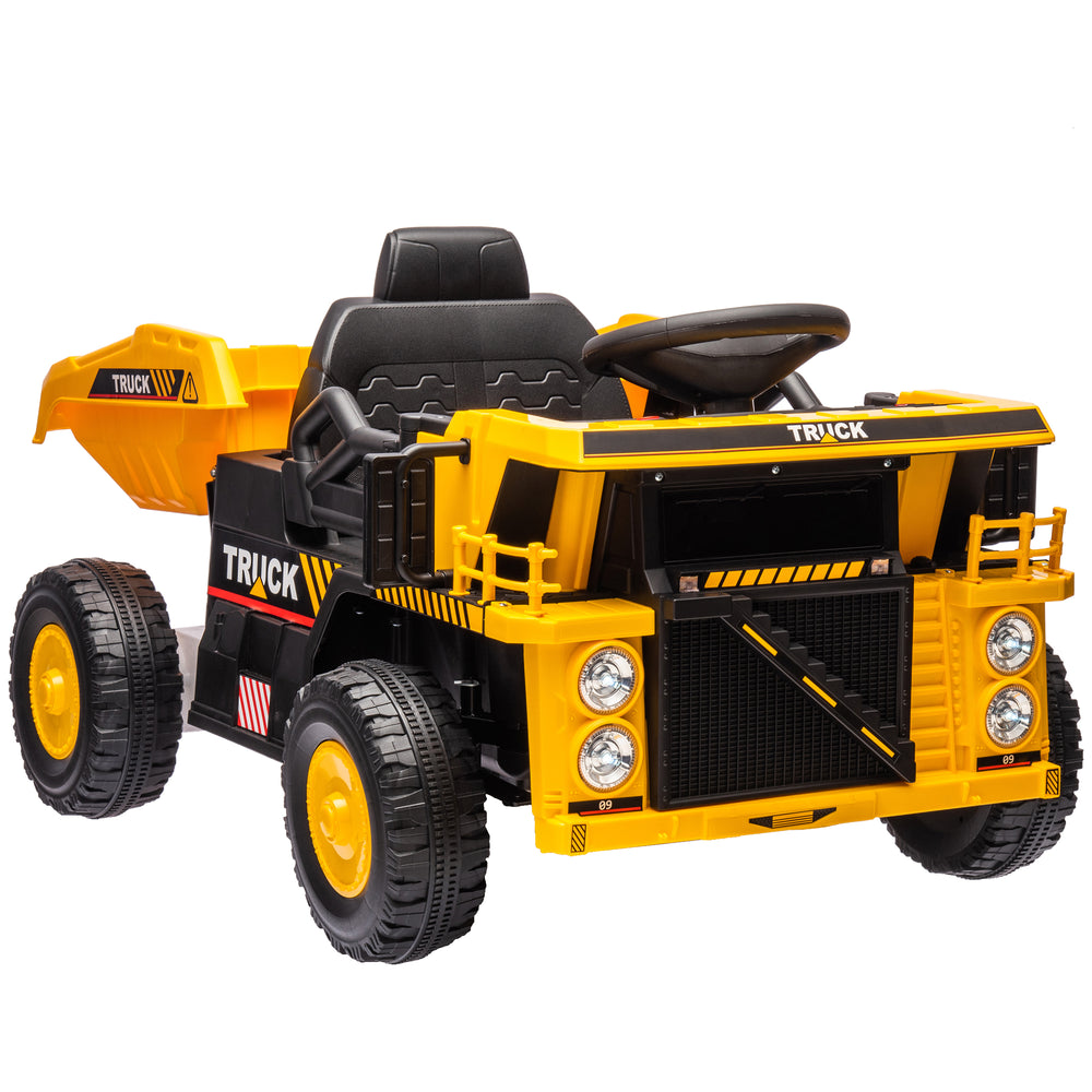 Camion benne 12 V pour enfants avec benne électrique, pelle, suspension à ressorts, véhicule de chantier réaliste