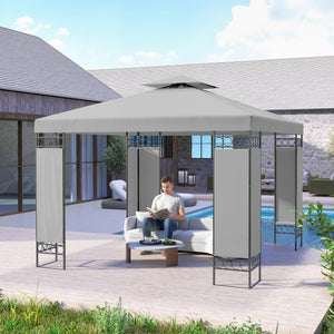 10 x 10 FT Canopy Gazebo, Double Roof Patio Gazebo with Screen Panels and Metal Frame for Deck, Backyard, Light Grey