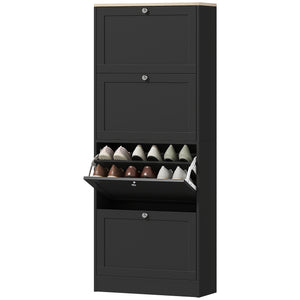 Modern shoe cabinet with 4 hinged drawers and adjustable shelves, for 18 to 24 pairs of shoes, black