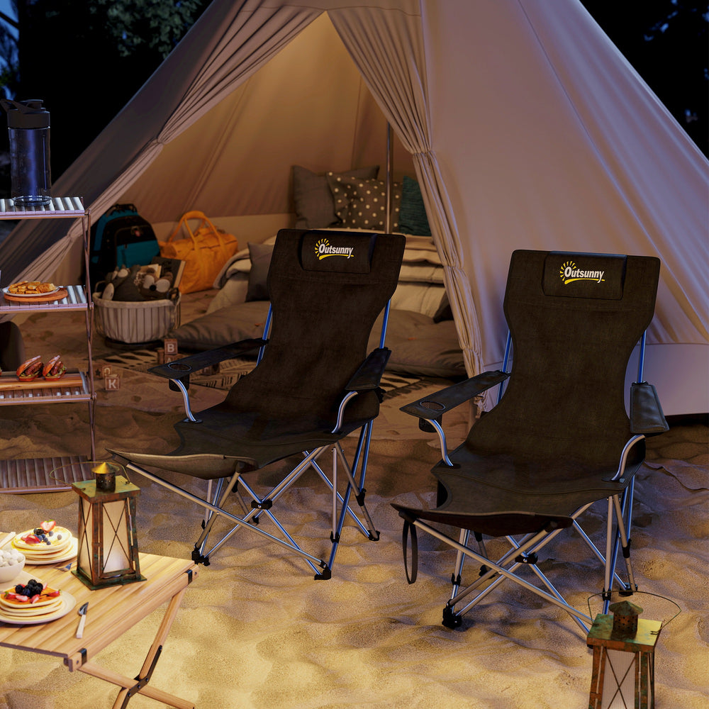 Set of 2 Reclining Camping Chairs with Footrest and Headrest, Cup Holder, Storage Bag, Black