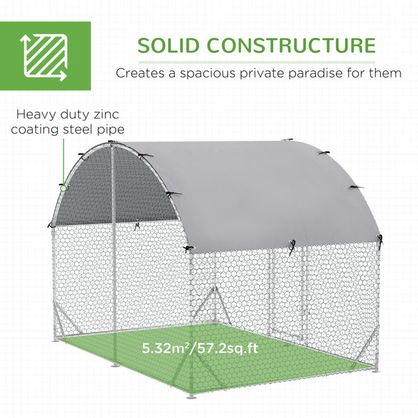 Galvanized metal chicken coop with outdoor run, silver