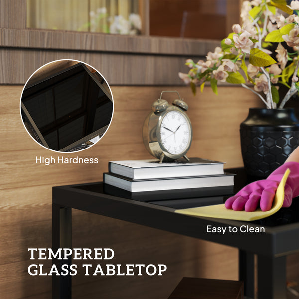 Outdoor coffee table with tempered glass top and storage shelf, black