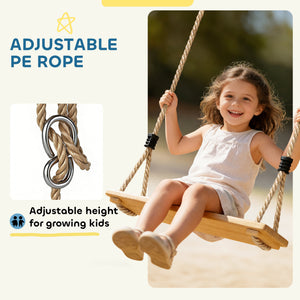 Qaba Wooden Swing Seat for Backyard Adjustable Rope Outdoor Playground Playset for Kids with Tree Straps Carabiners