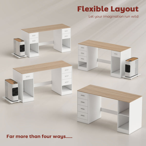 Desk with 4 reversible drawers and mobile PC stand, white