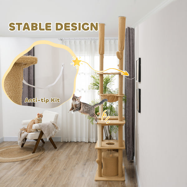 Cat tree 226-254 cm, ceiling height with scratching posts, grooming brush and niche, brown