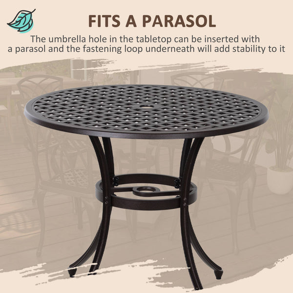 5-Piece Outdoor Dining Set, Cast Aluminum Patio Table and Chairs with Umbrella Hole, Brown