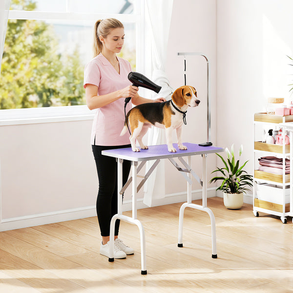 Foldable Pet Grooming Table for Dogs Cats with Adjustable Arm, Non-slip Surface, Purple