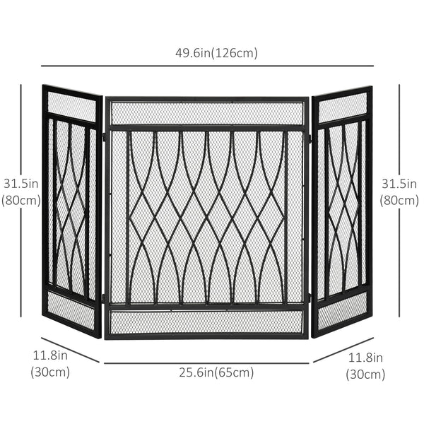 Decorative 3-panel black metal fire screen