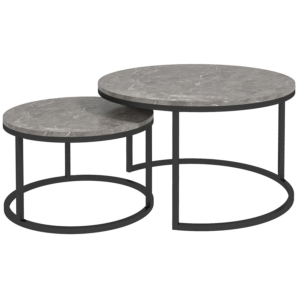 Set of 2 modern coffee tables with metal base, gray marble effect