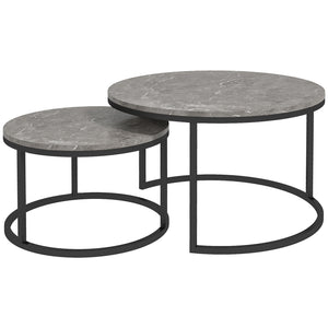 Set of 2 modern coffee tables with metal base, gray marble effect