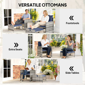 5 Piece Patio Furniture Set, Wicker Patio Chairs with Ottomans, 2-Tier Glass Coffee Table and Cushions, Grey/Dark Blue