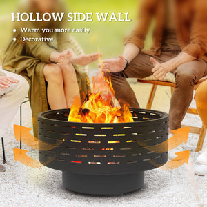 3-in-1 Fire Pit Φ23.8" x 15.4" Stainless Steel Outdoor Fire Bowl with Wood-Effect Fire Basket