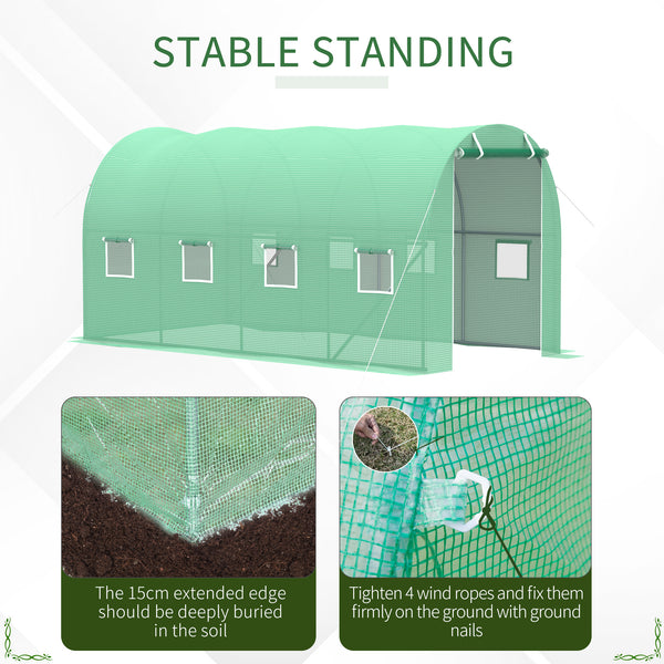 Tunnel greenhouse with zippered roll-up door and 8 screened windows, galvanized steel frame, green