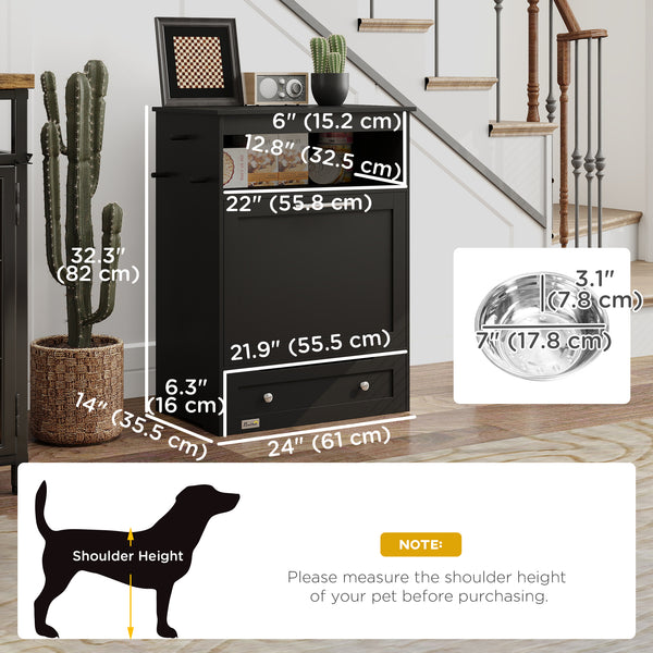 Black food storage cabinet with elevated bowls