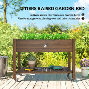 Raised wooden planter with lockable casters and storage shelf