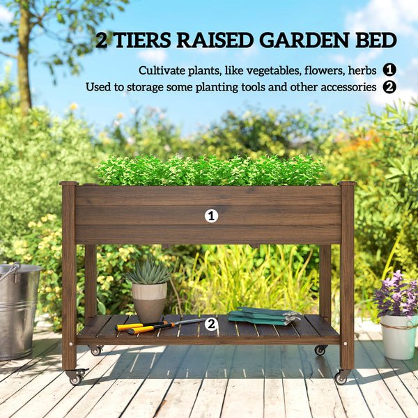 Raised wooden planter with lockable casters and storage shelf