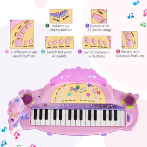 Electronic piano with microphone and stool pink/purple