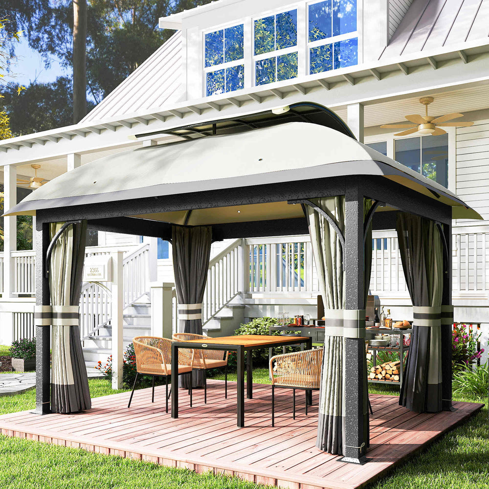 11' x 13' Patio Gazebo, Double Roof Outdoor Gazebo Canopy with Netting & Curtains, Galvanized Metal Frame, Light Grey