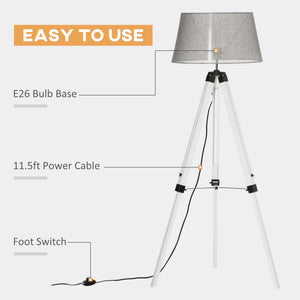 Adjustable height wooden tripod floor lamp, white and grey