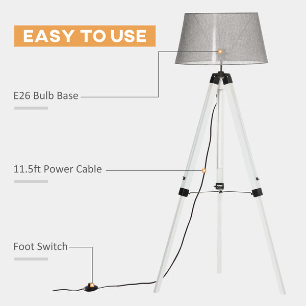 Adjustable height wooden tripod floor lamp, white and grey