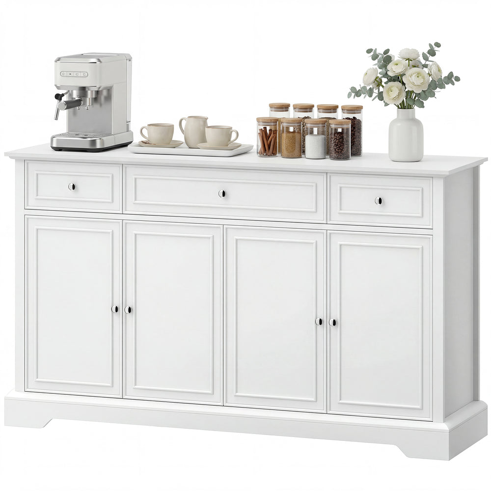 Kitchen storage sideboard with soft-close doors, 3 drawers, and 2 adjustable shelves, white