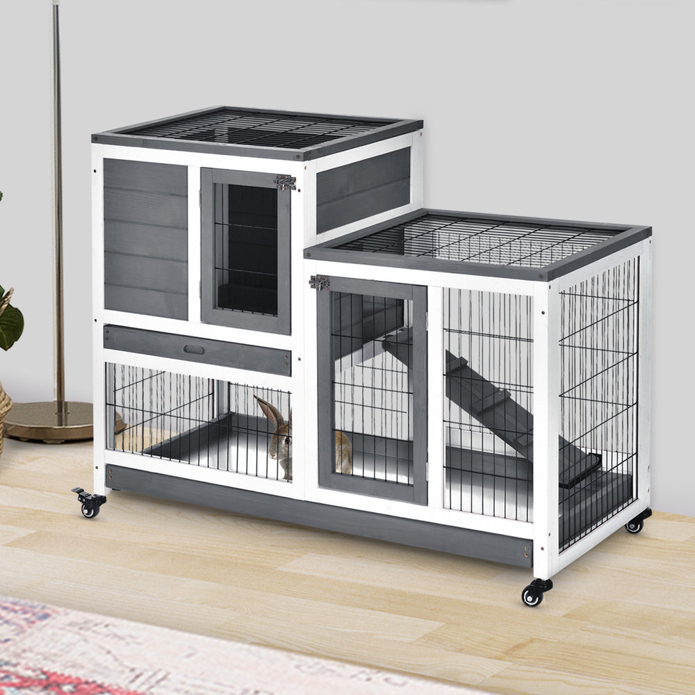 Wooden hutch with wheels, removable drawers and run, grey