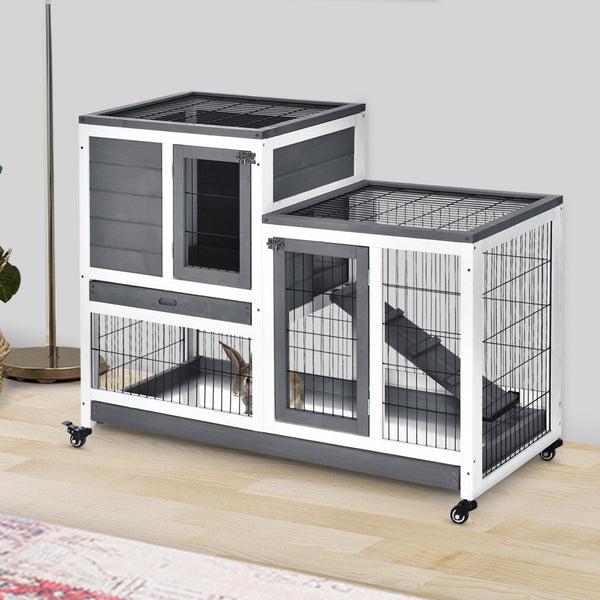 Wooden hutch with wheels, removable drawers and run, grey