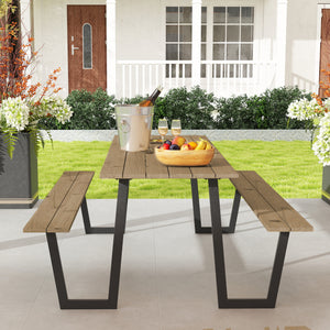 1.7m (5.7ft) Outdoor Picnic Table with 5cm (2in) Umbrella Hole with Steel Frame, Brown