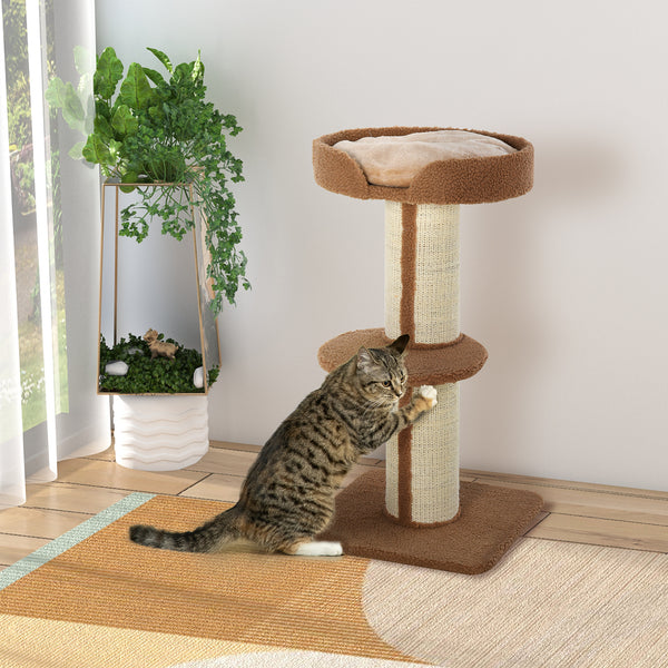 Cat tree with sisal mat, scratching post, basket, cushion and perch, brown