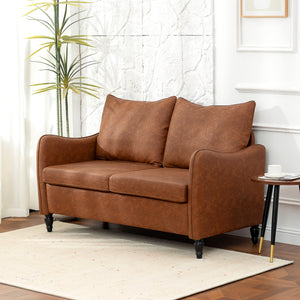 2 seater sofa with solid wood legs upholstered in faux leather, brown