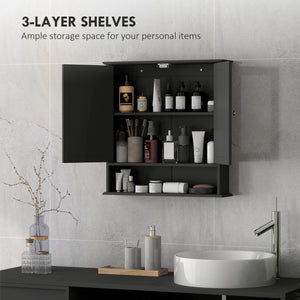 Wall-mounted medicine cabinet with double doors, open shelf and adjustable shelf, black