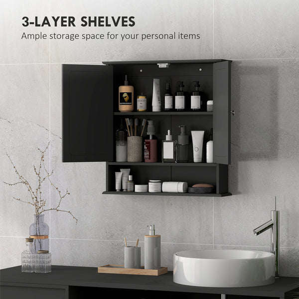 Wall-mounted medicine cabinet with double doors, open shelf and adjustable shelf, black