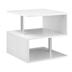 S-shaped wooden table with 3 storage shelves, white